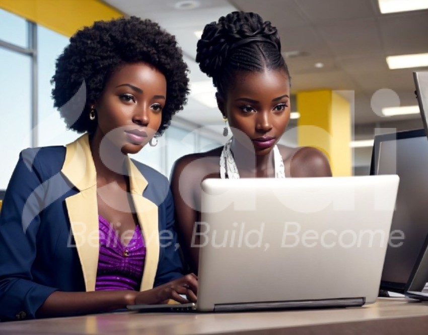 African ladies in an office working on laptops