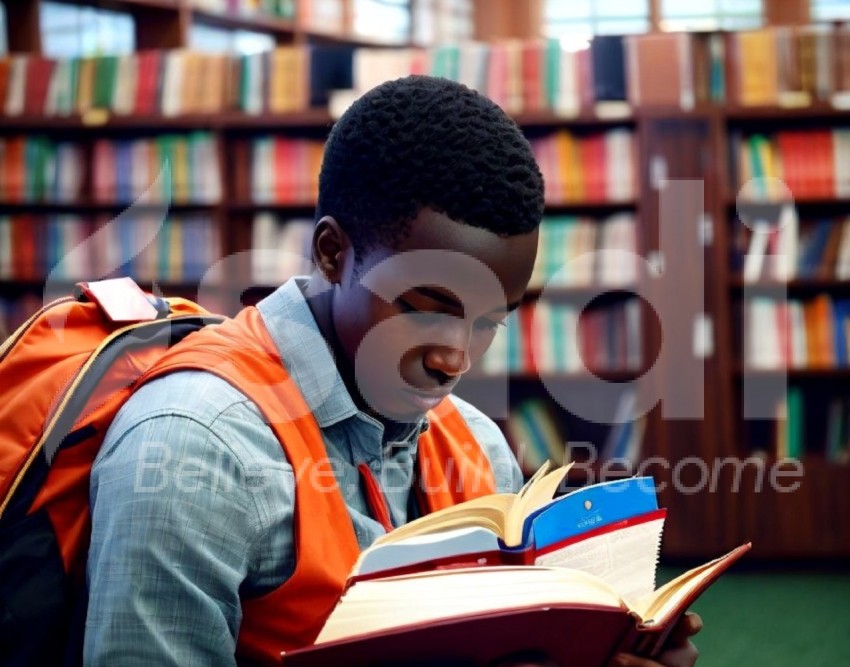 Kenyan male university student reading in a library