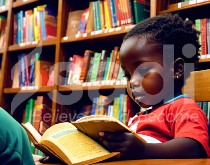 Kenyan child reading in a library