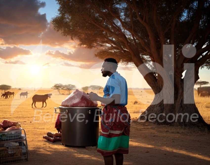 African man roasting meat in a sunny background