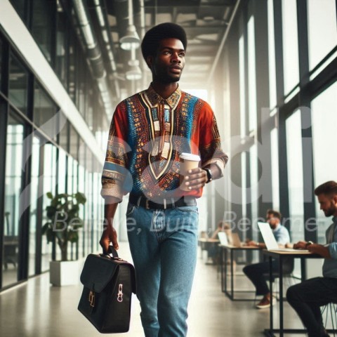 African young man walking in the office