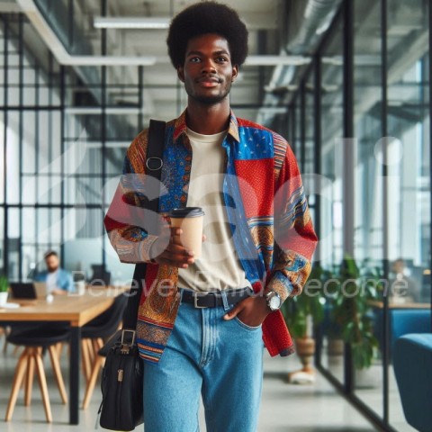 African young man walking in the office