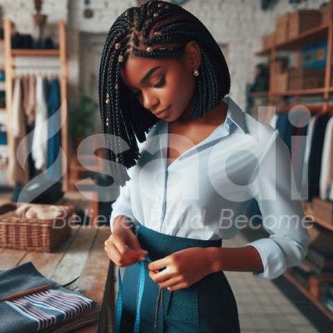 Young african female employee putting skirt with Braided bob box braids shoulder length hair style