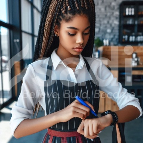 Young african female employee putting skirt with Braided bob box braids shoulder length hair style