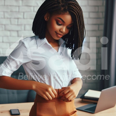 Young african female employee putting skirt with Braided bob box braids shoulder length hair style