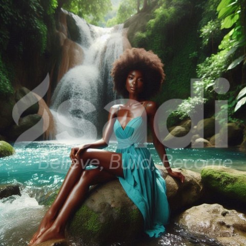 African American lady at the waterfall