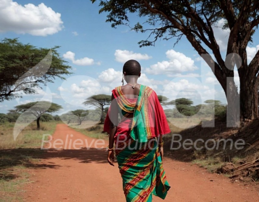 Kenyan lady walking in African clothes